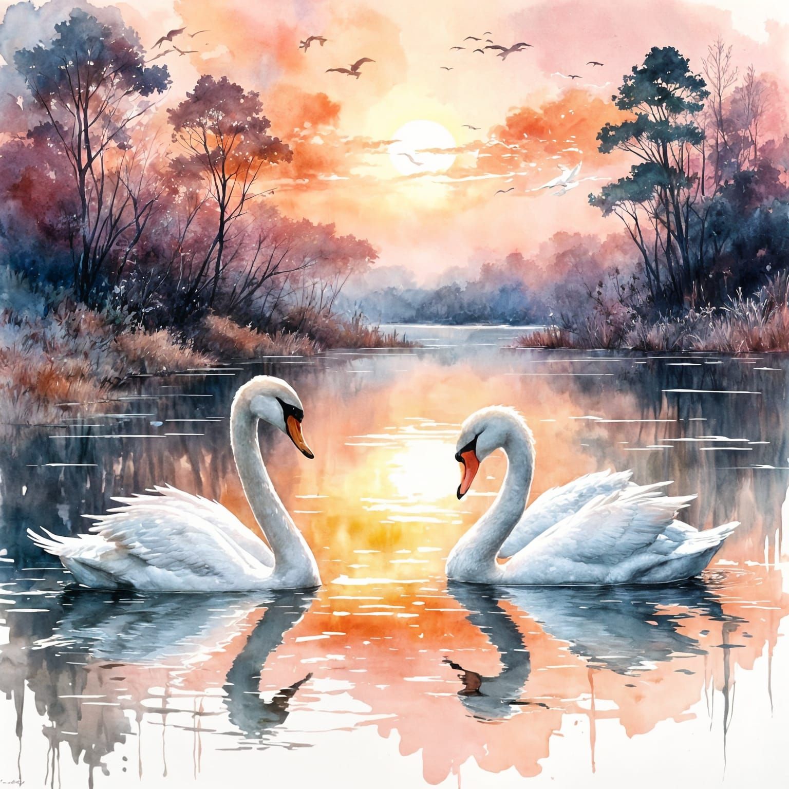 Swans on Calm Lake at Dawn, Romantic Impressionist Painting