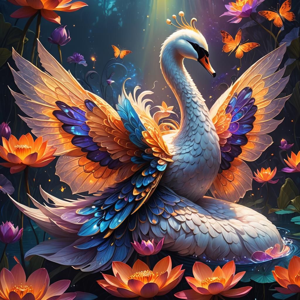 Swan Butterfly Hybrid on Lotus Flower: Fantasy Concept Art