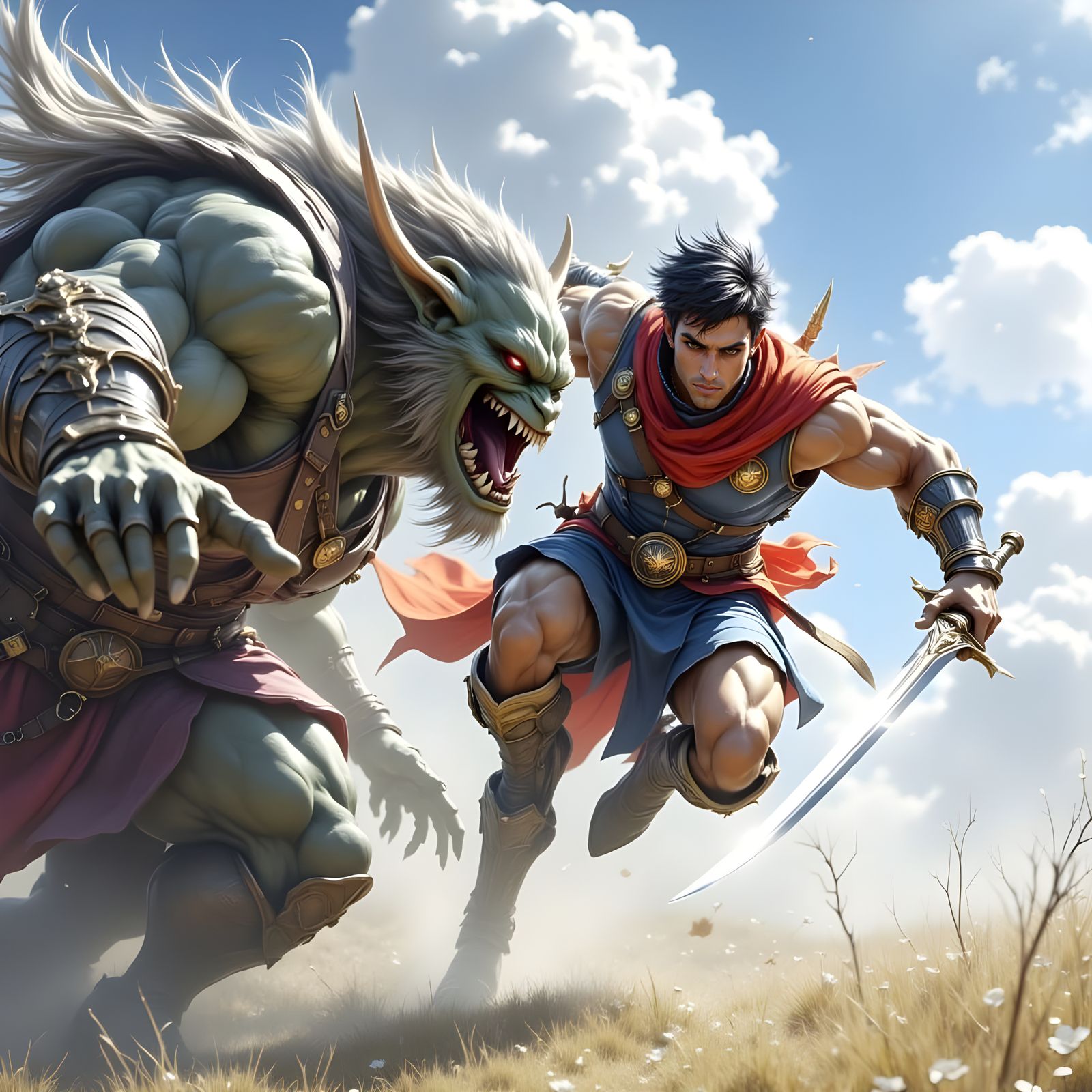 Brave Warrior Charges into Battle against a Fearsome Troll i...