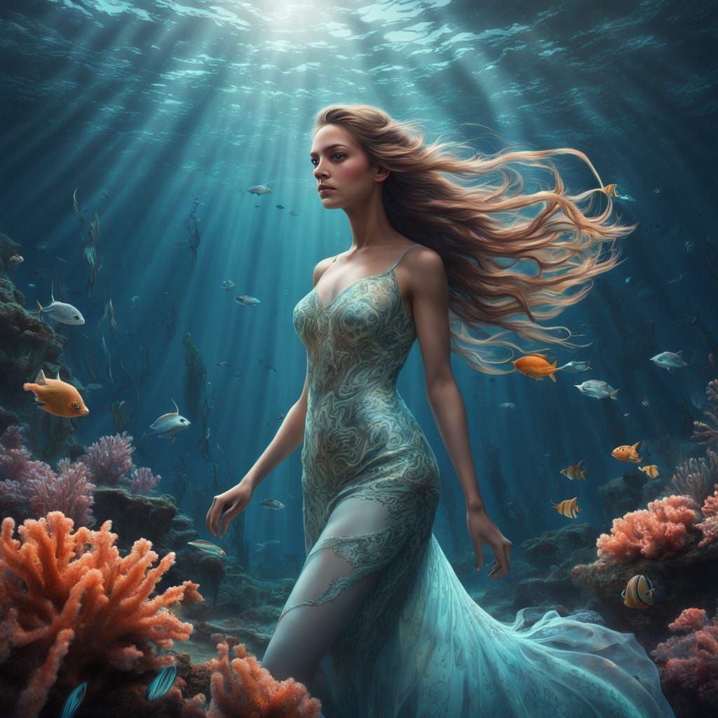 Ethereal Sea Goddess in Hyper-Realistic Underwater Fantasy