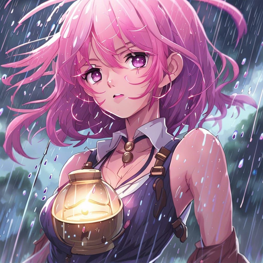 Pink-Haired Woman Spinning in Rain: Anime Style