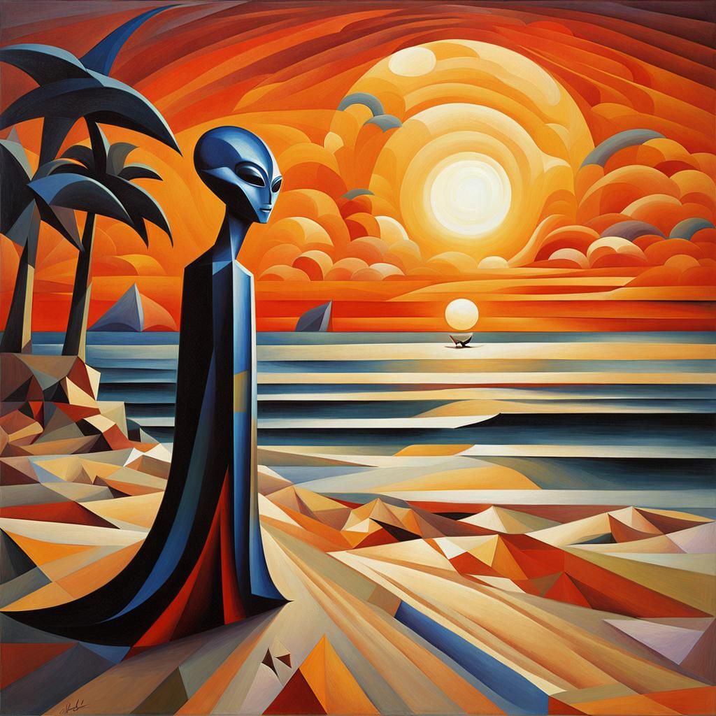 Alien Walks on Beach in Cubist Style