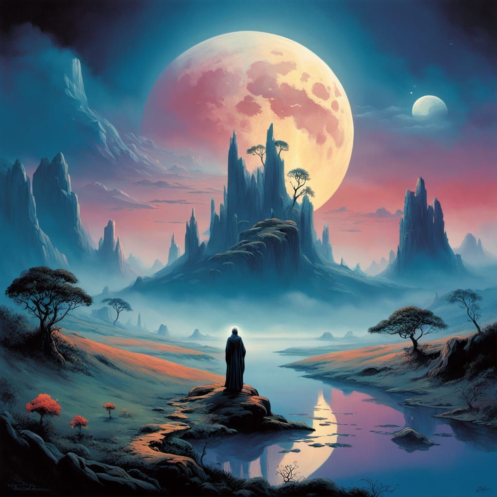 Mystical Dreamscape with Ethereal Woman in Surreal Colors