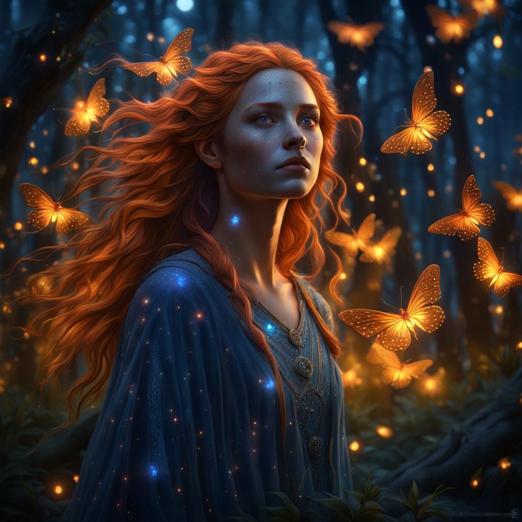 Magical Woman in Bioluminescent Forest, Fantasy Art