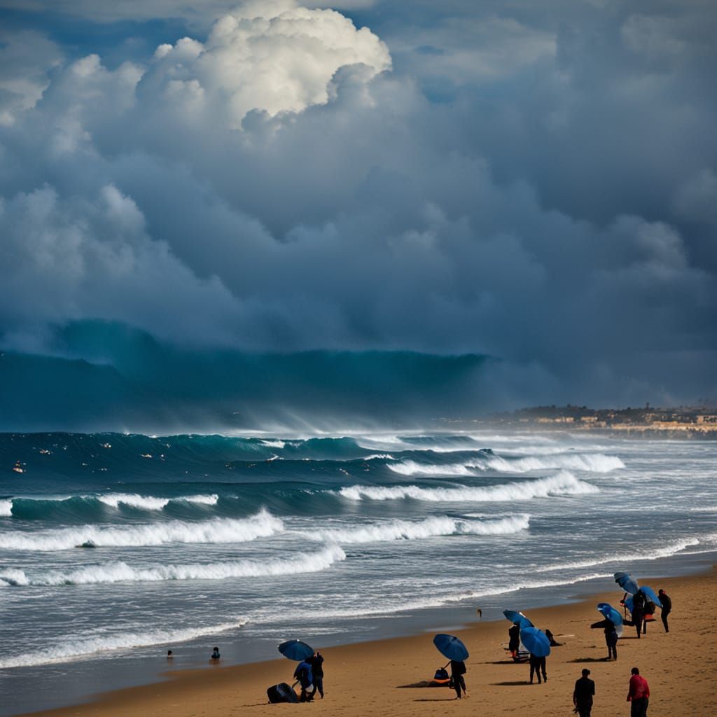 Stormy Beach with Surfers and Lightning