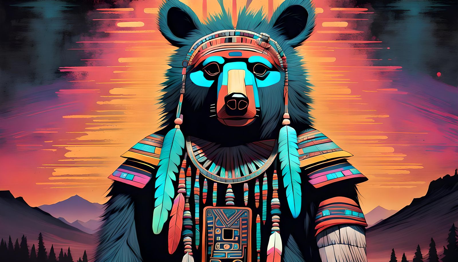 Neon Navajo Bear Kachina in Hypermaximalist Style