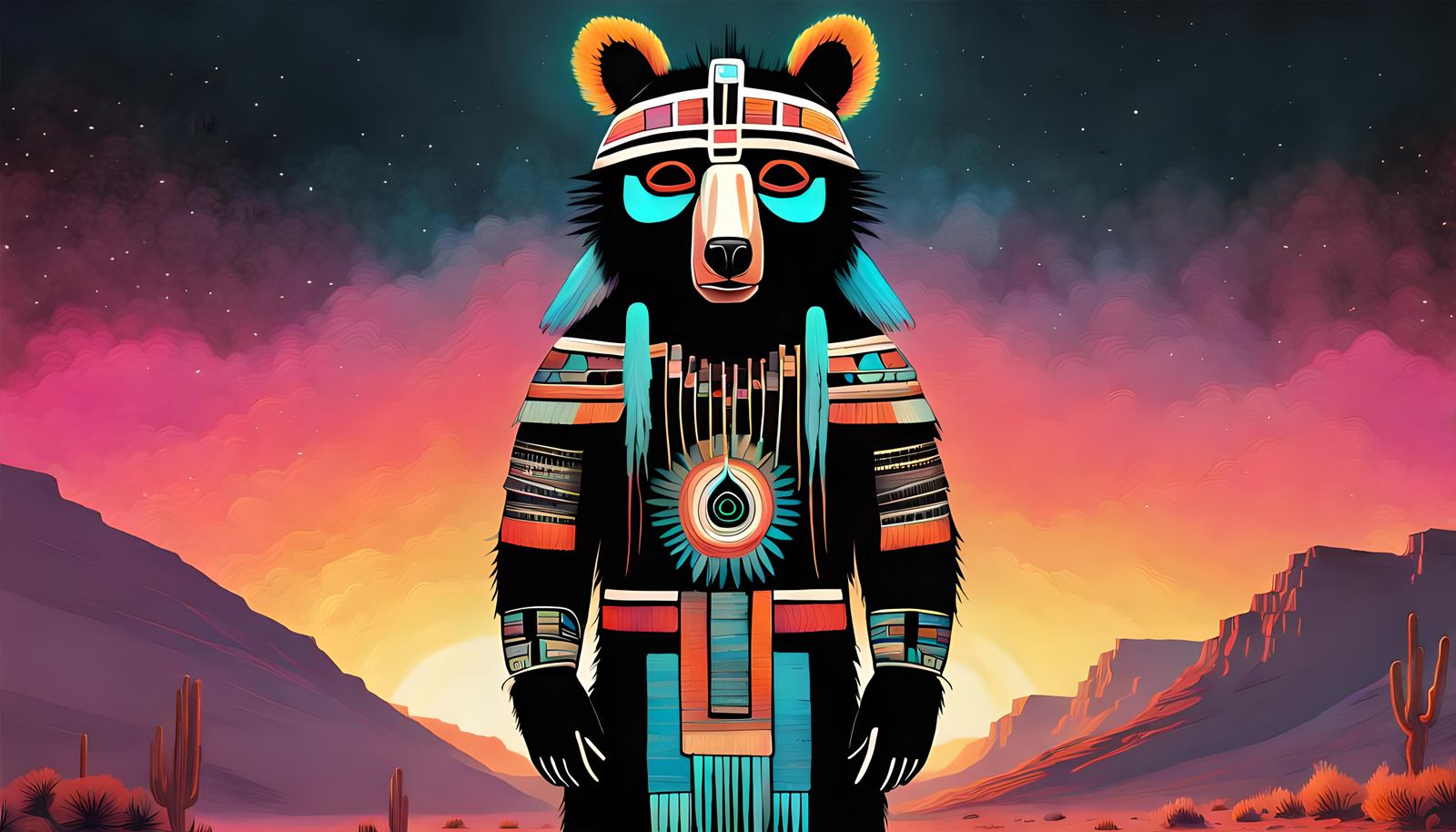 Wise Navajo Bear Kachina in Hypermaximalist Style
