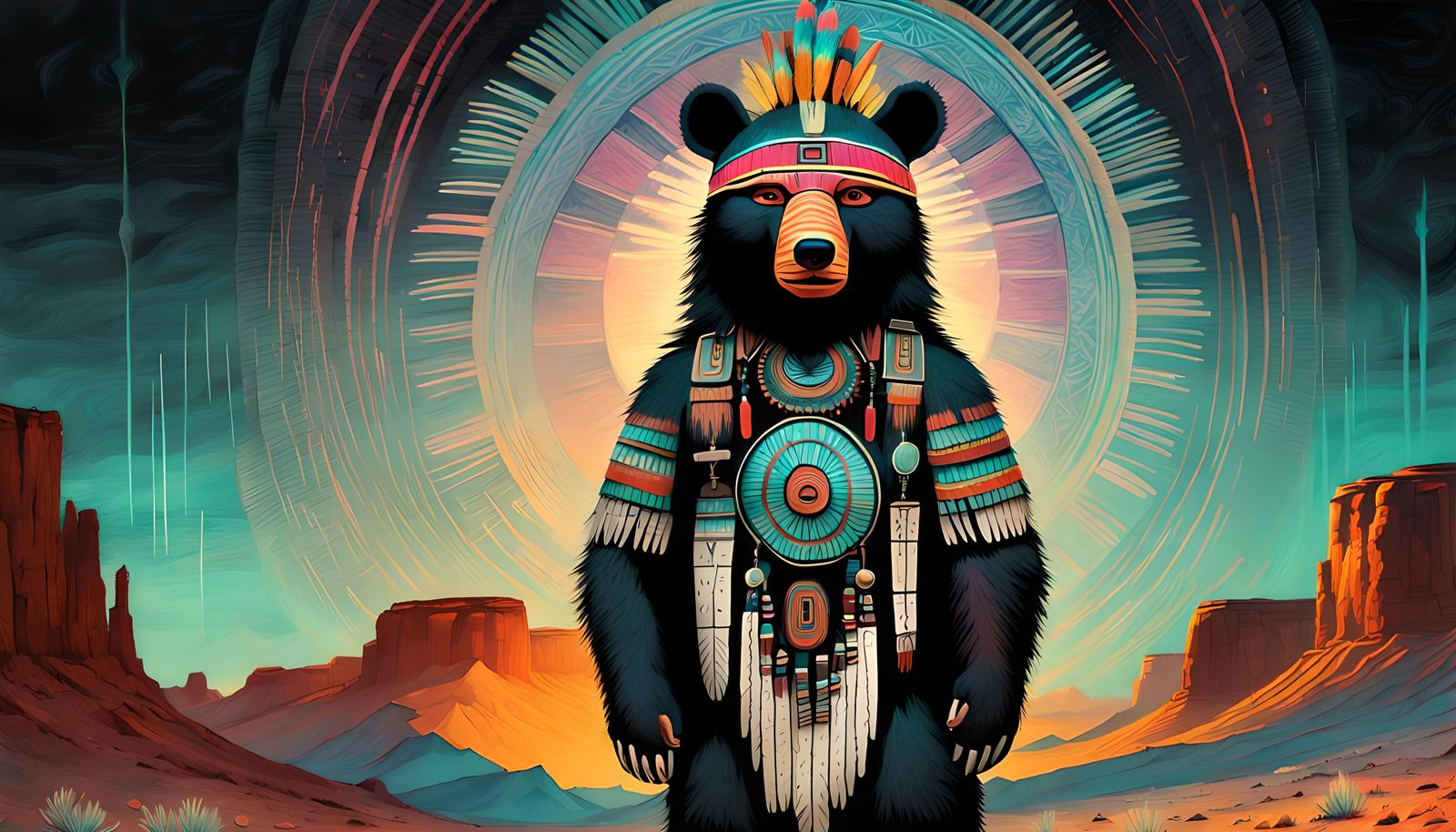 Wise Navajo Bear Kachina in Hypermaximalist Style
