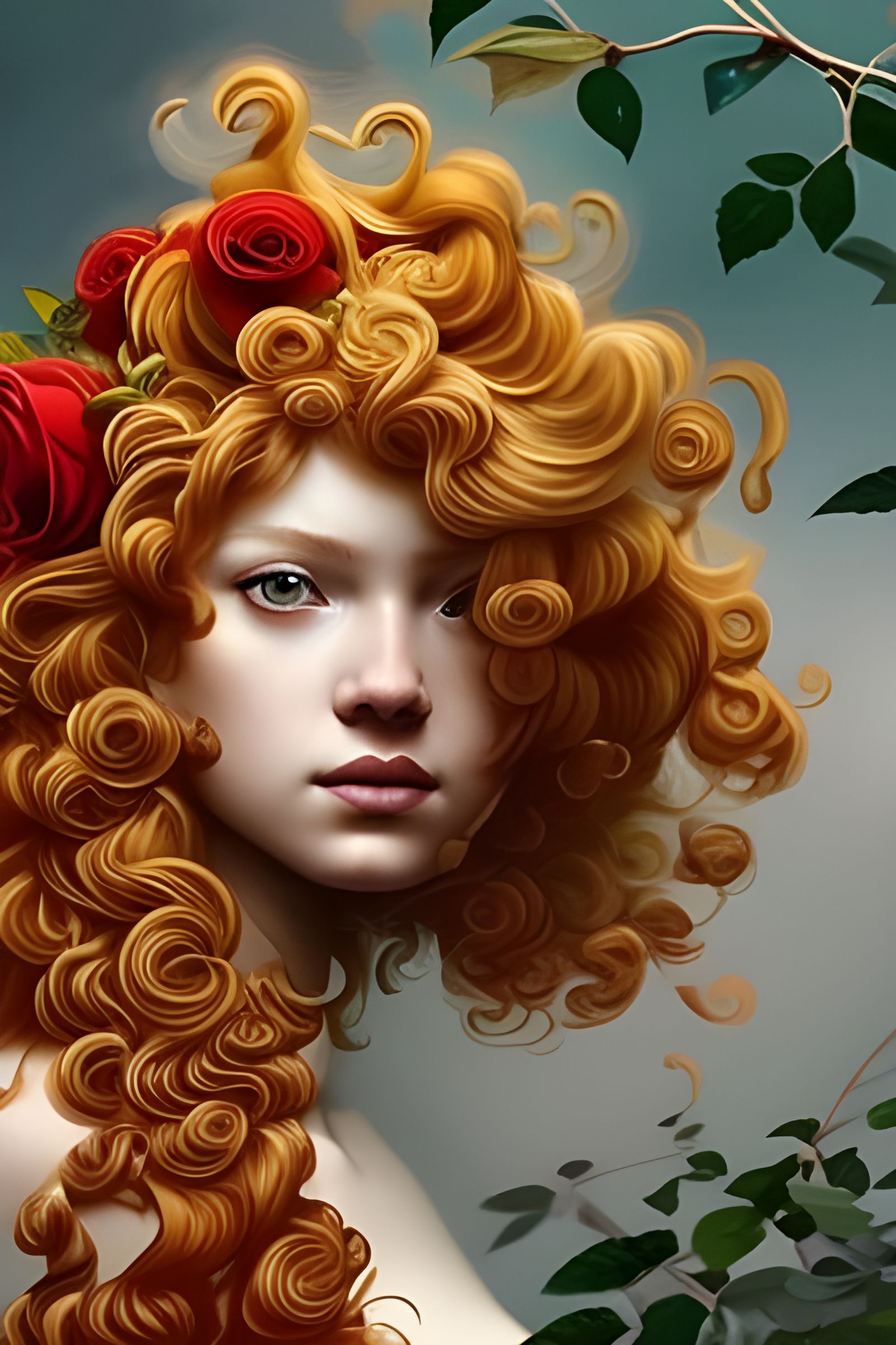 Red Roses Adorn Ginger Hair in Art Nouveau Portrait