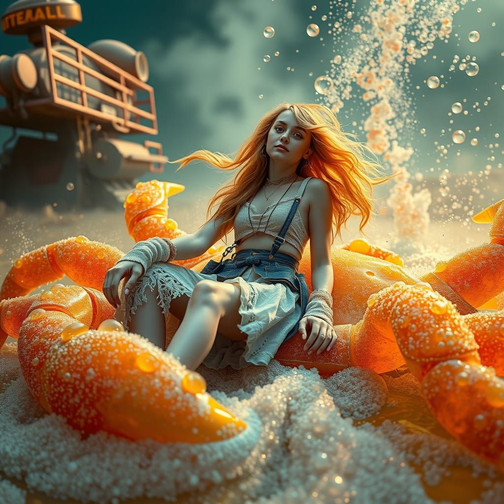 Bohemian Woman on Gummy Crab in Effervescent Sea