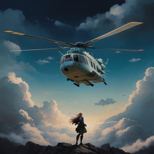 Heroic Comic Book Art of MI-8 Helicopter in Morning Sky