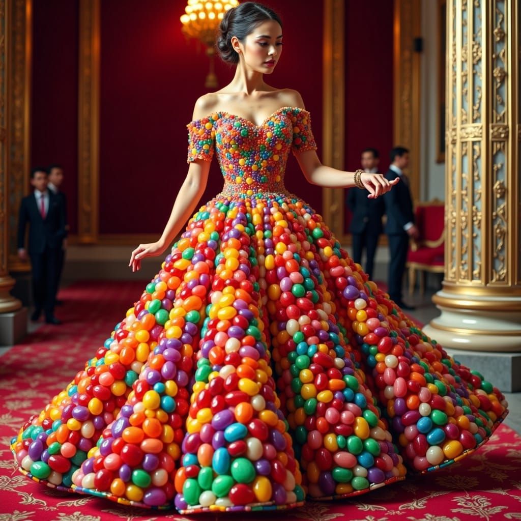 Elegant Jellybean Goddess in Hyperrealistic Evening Attire