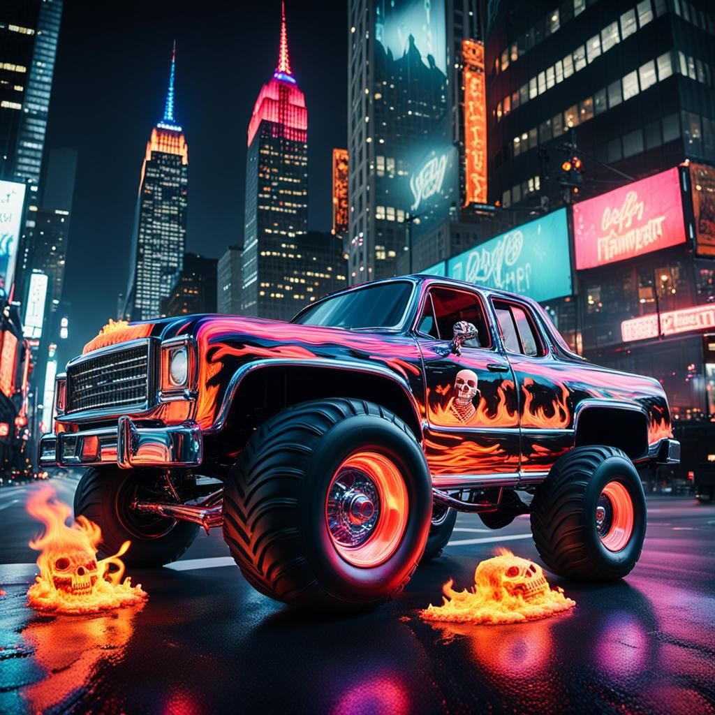 Candy paint monster truck hearse a skeleton is in the driver's seat"flaming head" New York city night