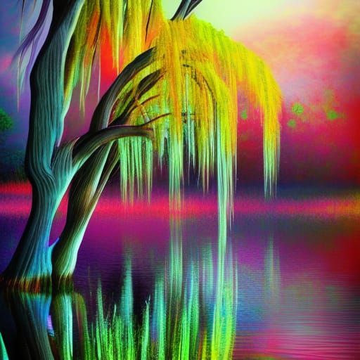 Detailed Weeping Willow Tree in Splash Art Style