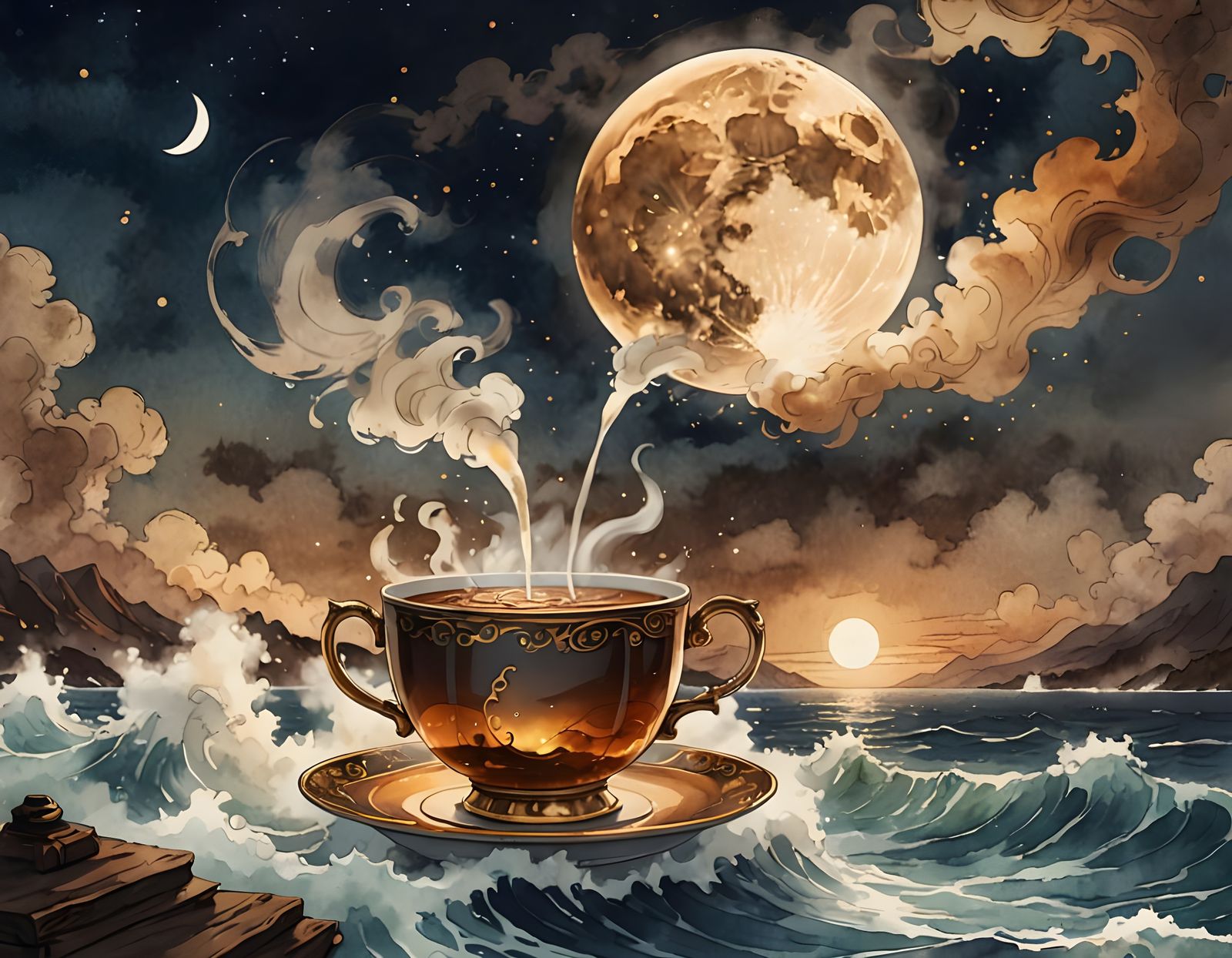 Steamy Moonlit Ocean Scene with a Giant Cup of Tea