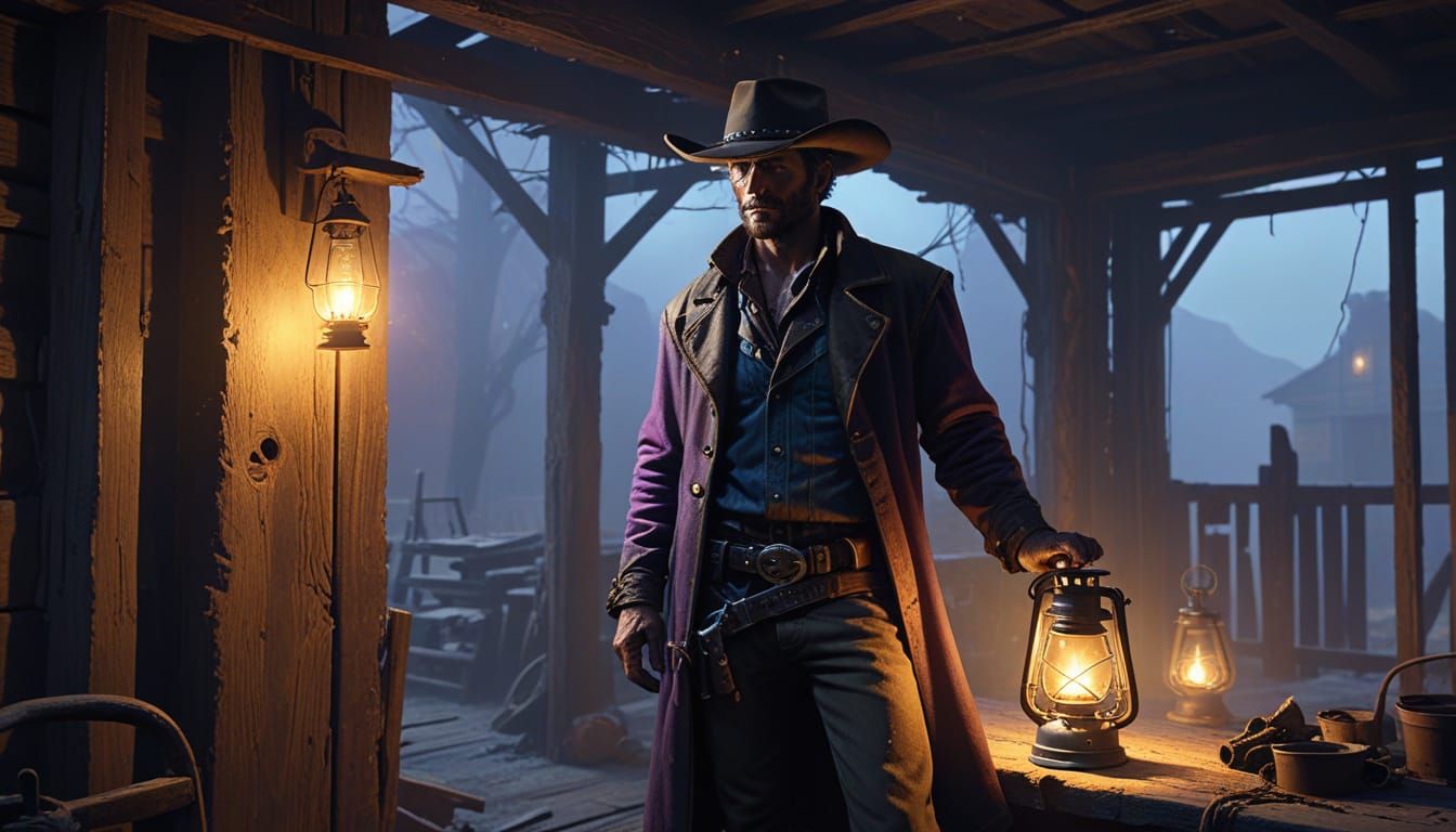 Lone Cowboy in Abandoned Saloon: Dark Western Concept