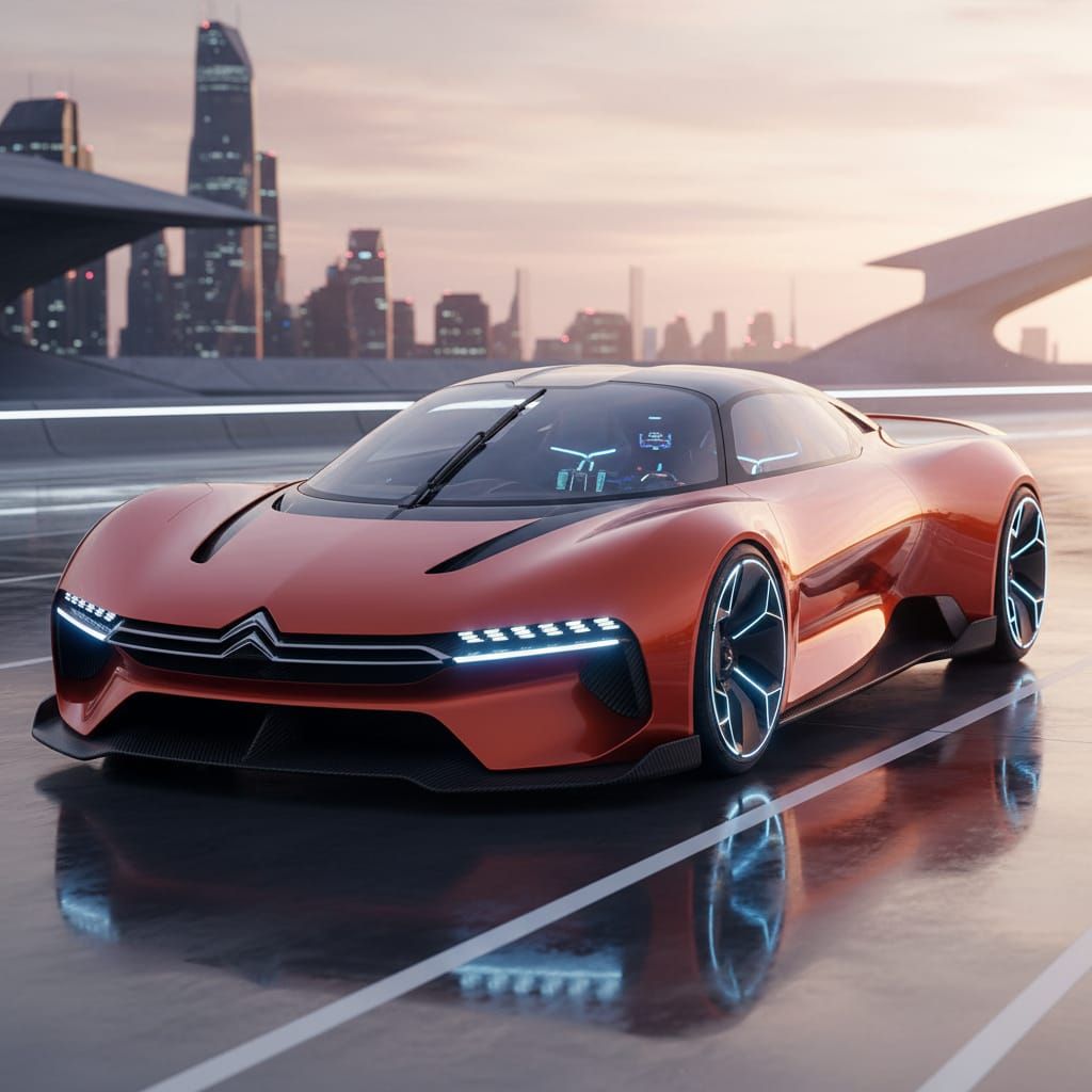 Futuristic Electric Hypercar in Metallic Orange-Red