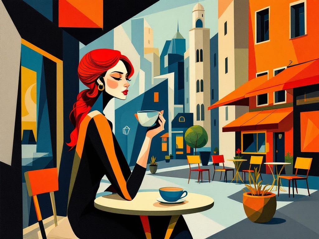 Abstract Cubist Woman with Red Hair at Cafe