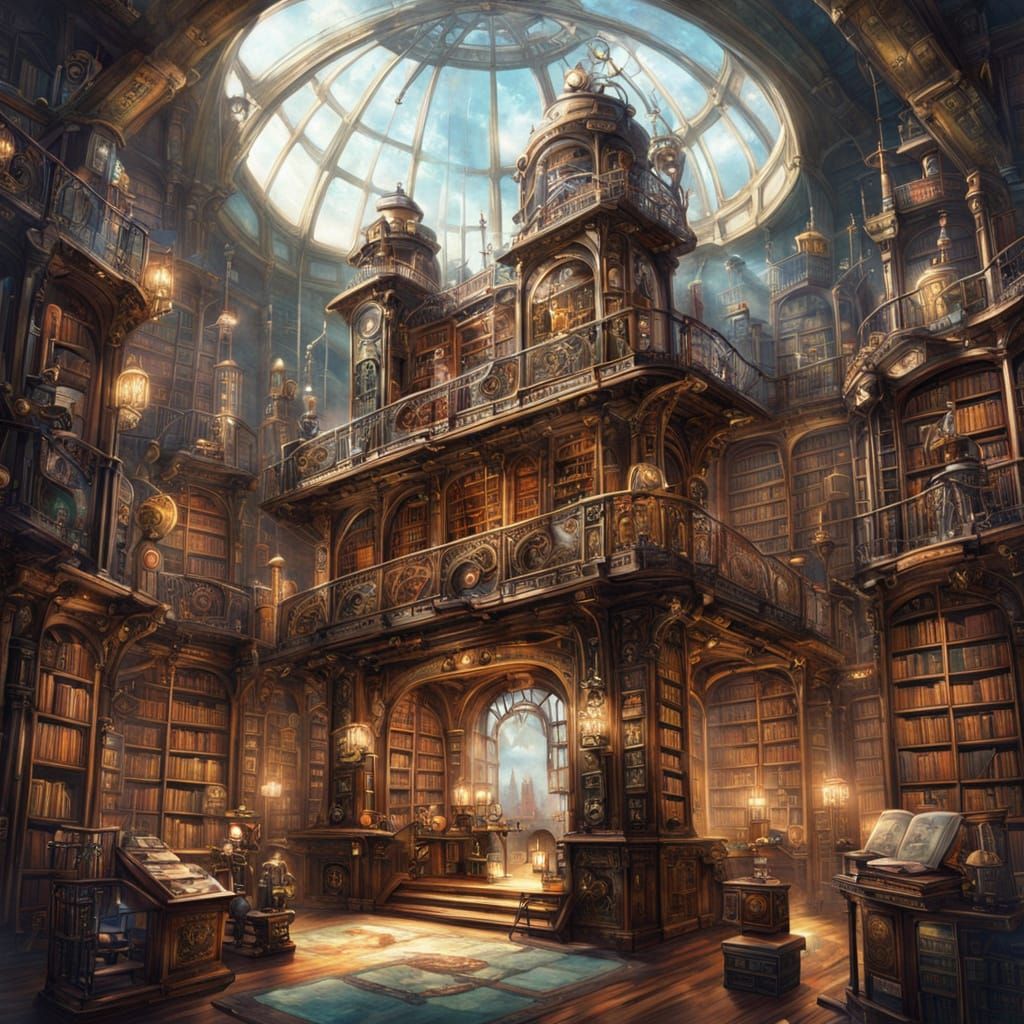 Steampunk Library in the Clouds: Watercolor Art Nouveau