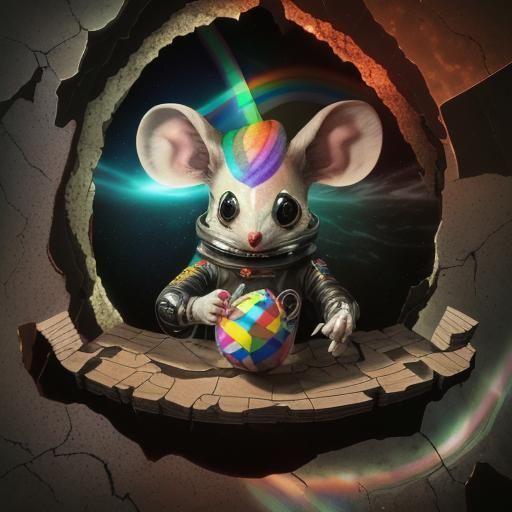 high resolution photograph of a Anthropomorphic mouse  (emerging out of the cracked Eye like orifice hole in  the rainbo...