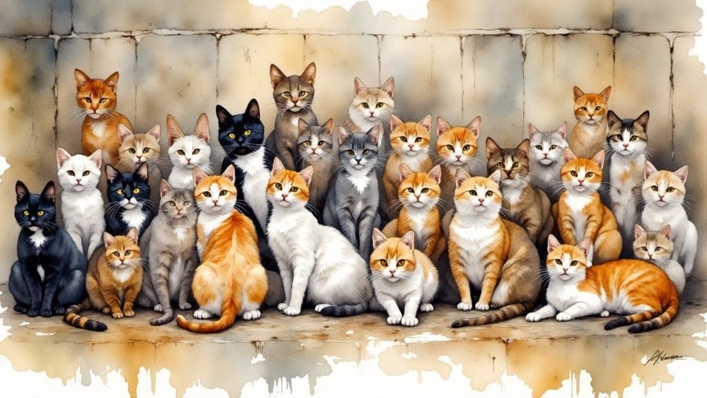 Watercolor Cats Playing Near Cottage