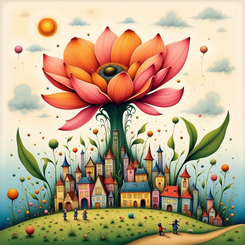 Enchanted Flower Village in Art Nouveau Style