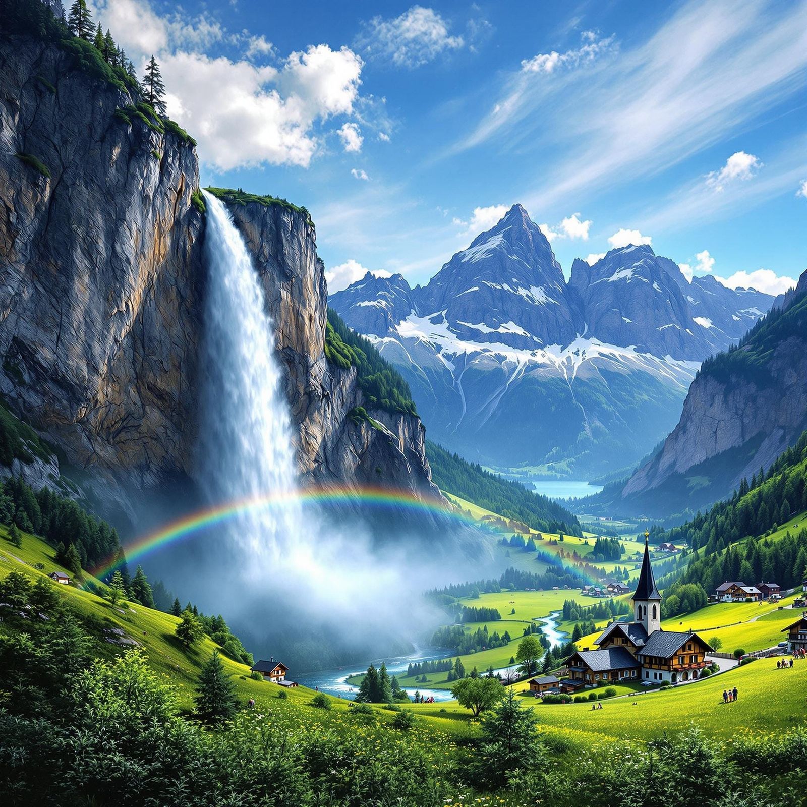 Breathtaking Alpine Valley with Majestic Waterfall