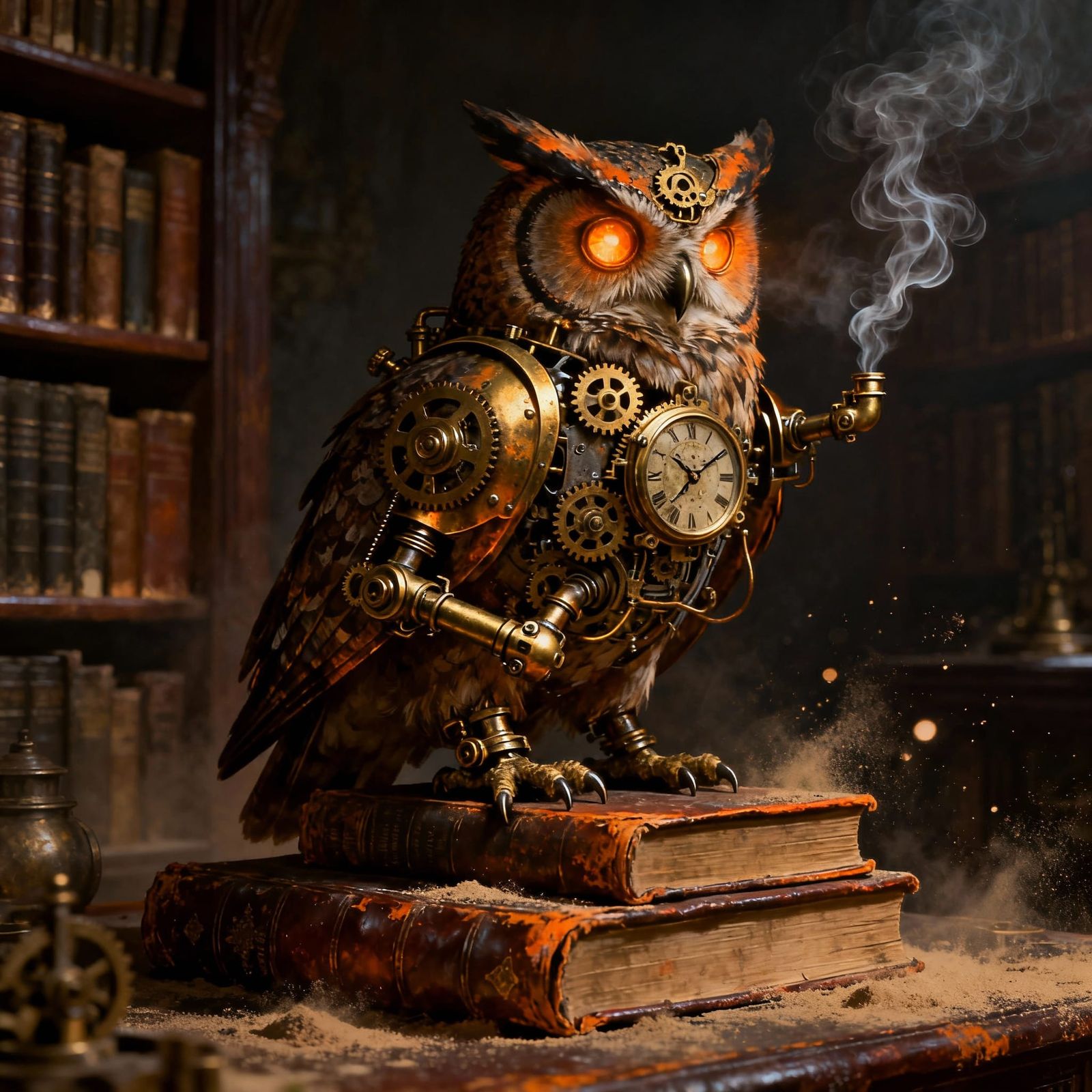 Steampunk Owl Perched on Books in Dim Library
