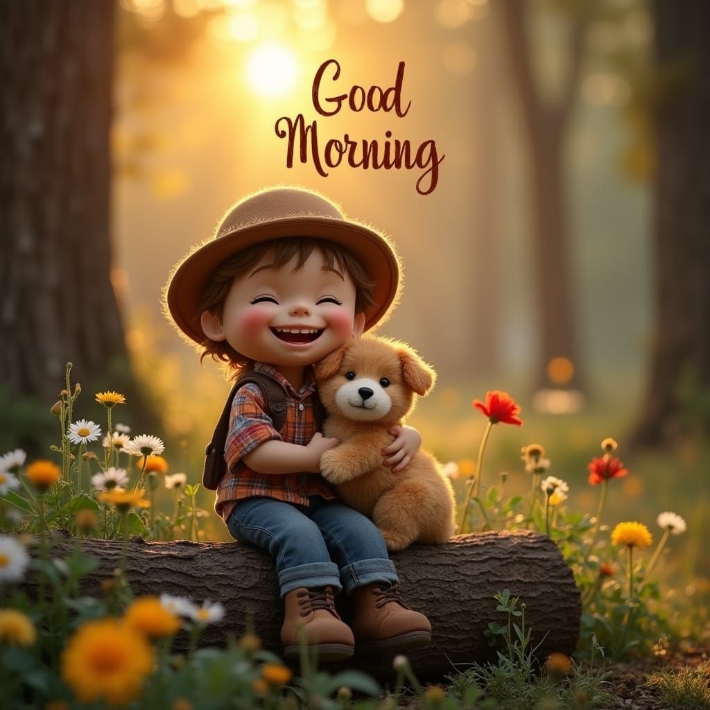 Whimsical Hippie Doll and Puppy Enjoying Sunrise