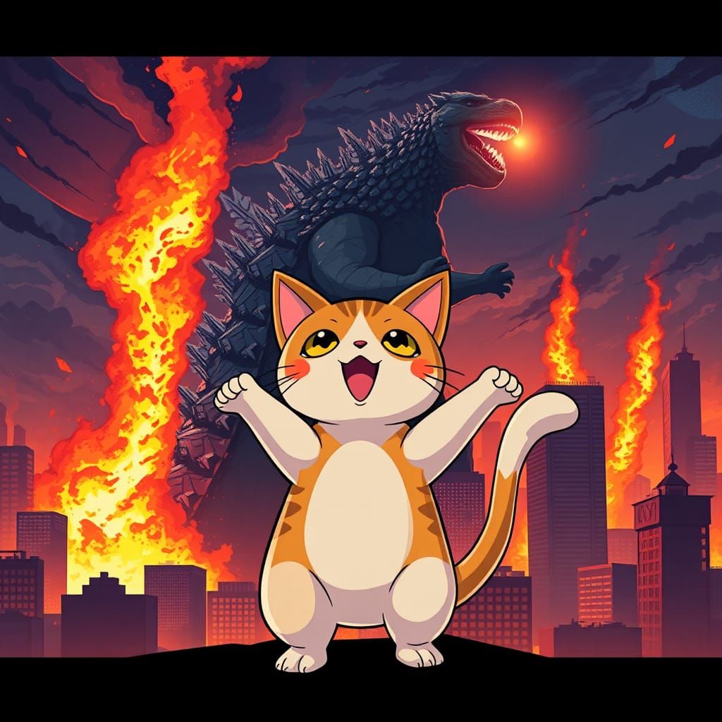 Heroic Manga Cat Confronts Godzilla in Burning City