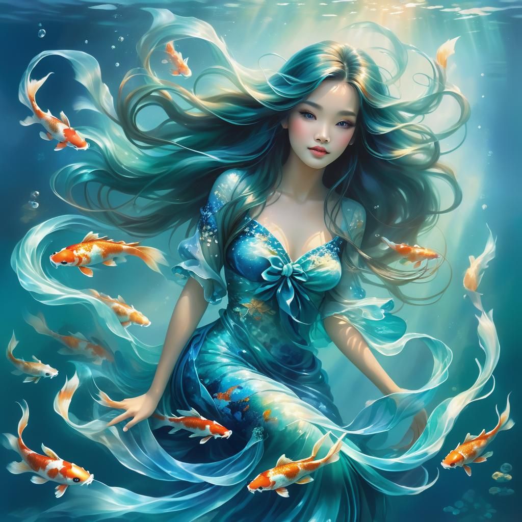 A beautiful magical underwater female beauty in blue and tea...