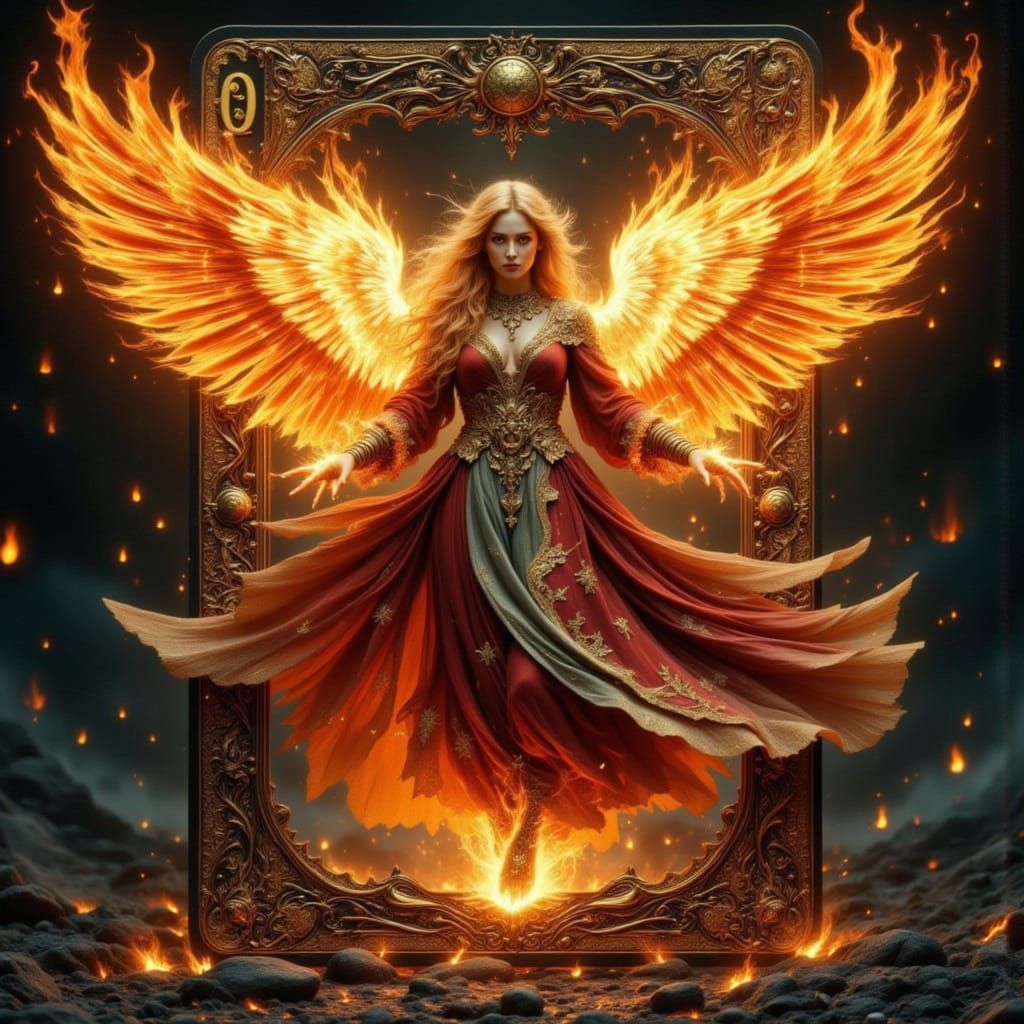 Flaming Angel Emerges from Ornate Playing Card