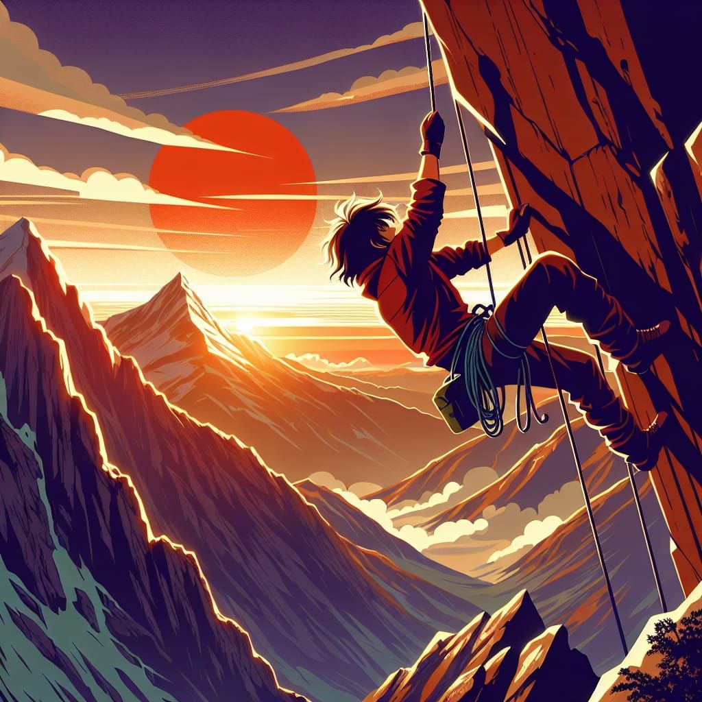 Rock Climbing at Sunset in Manga Style