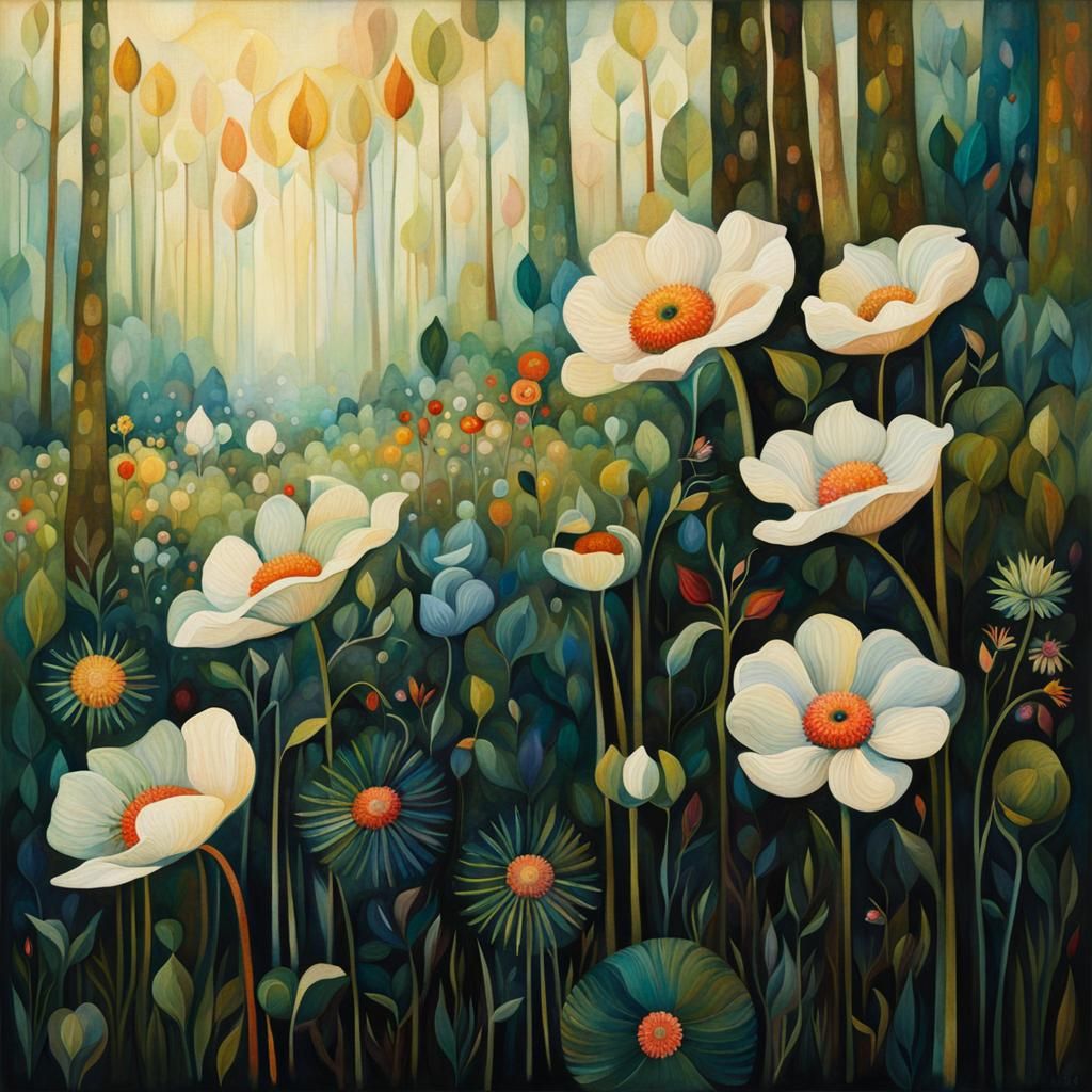 Detailed Forest and Flower Tapestry in Pointillist Style