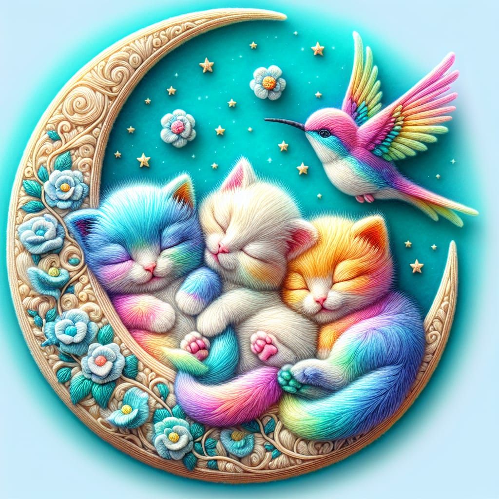 Magical Moonlit Kittens in Embroidered Whimsy