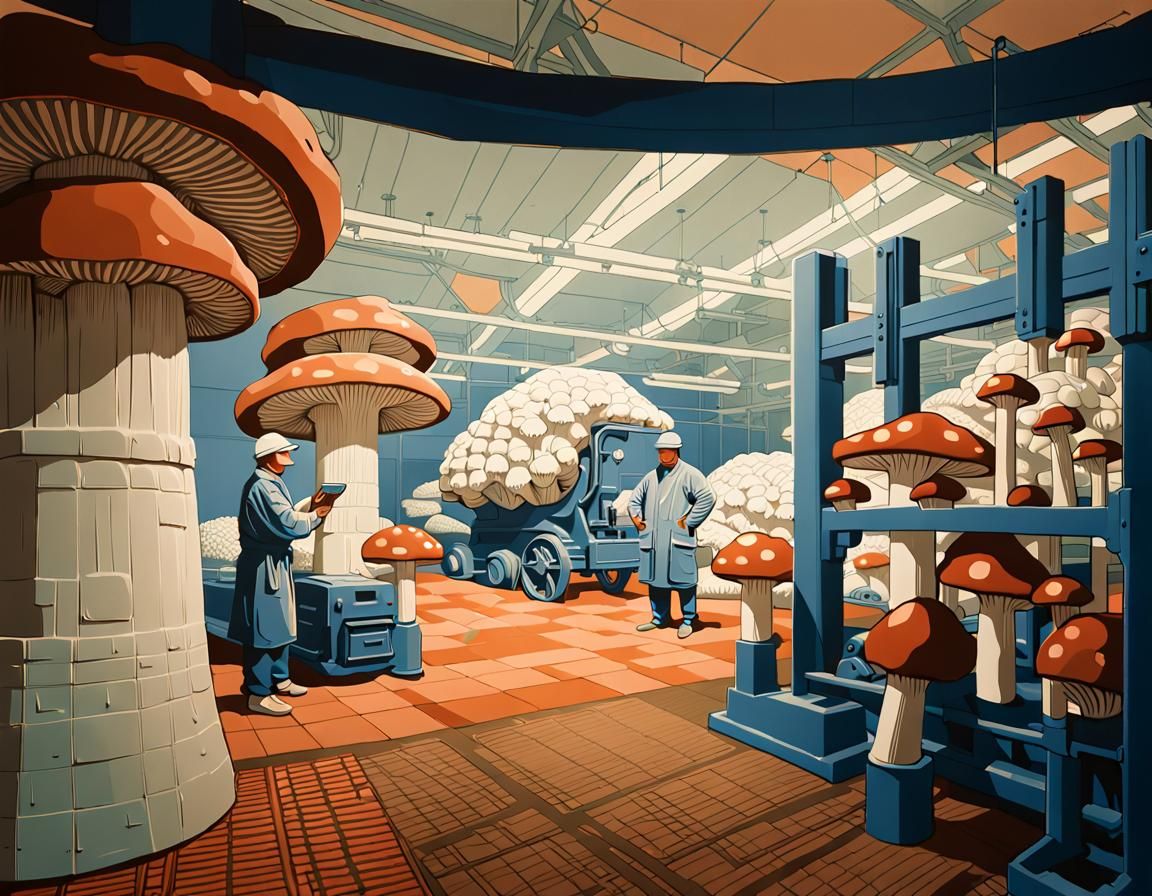 Surreal Mushroom Cultivation: Linocut Print with Porcelain W...