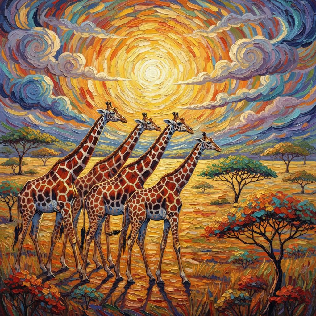 Giraffes on the Serengeti as Impasto Painting