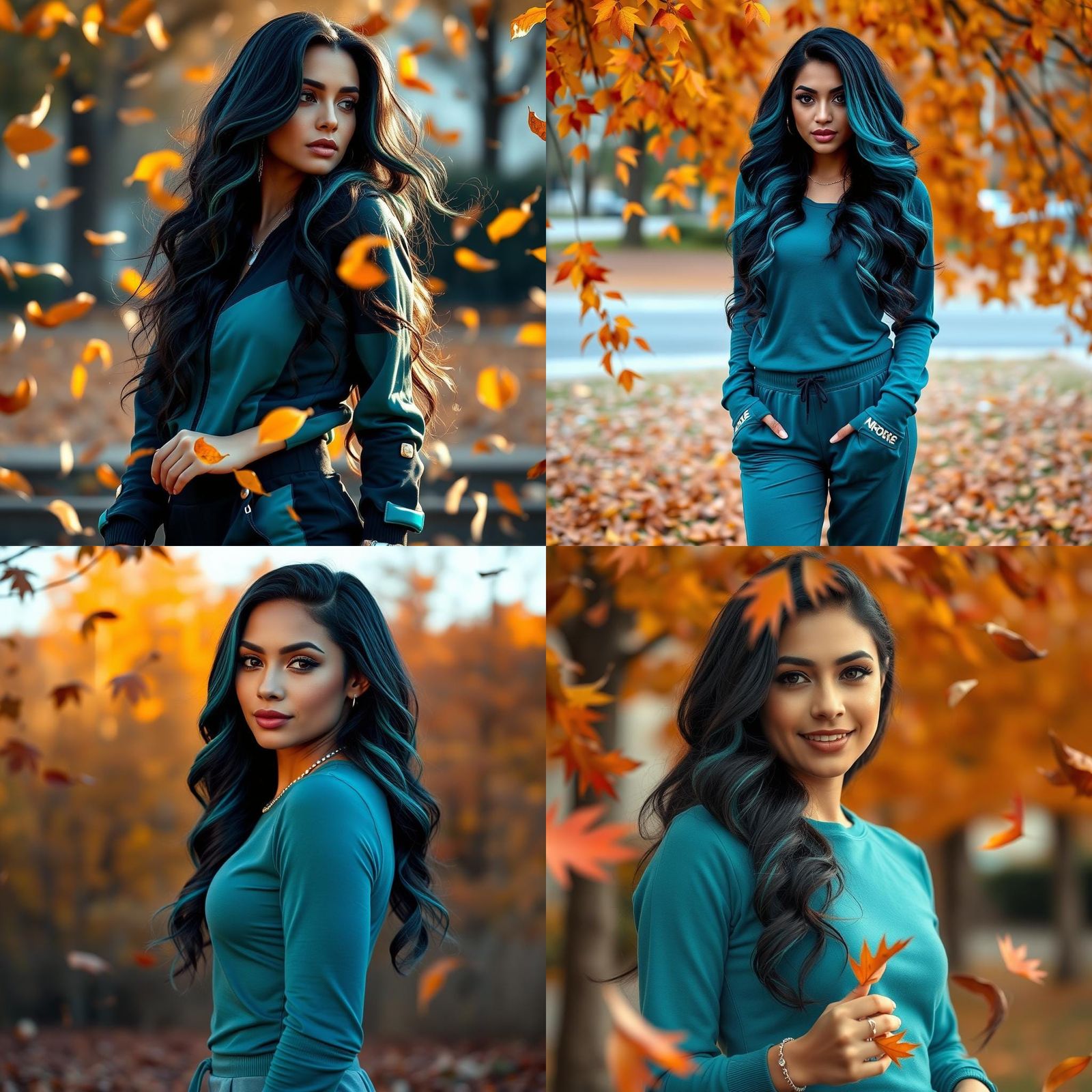 Hispanic Woman in Teal Outfit in Autumnal Setting