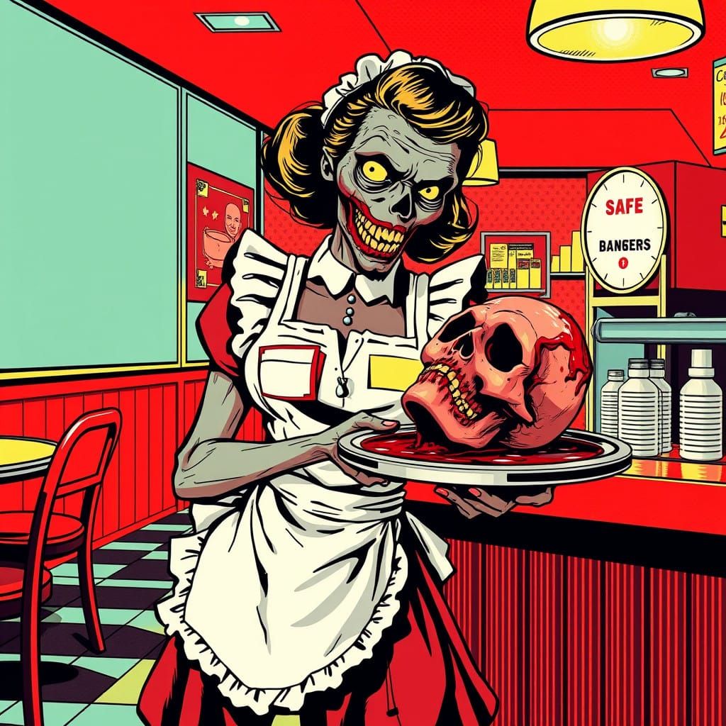 Retro Zombie Maid Serves Bloody Head in Comic Book Style