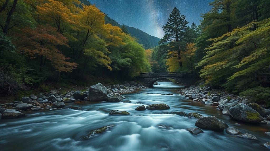Moonlit River Crossing in a Japanese Forest