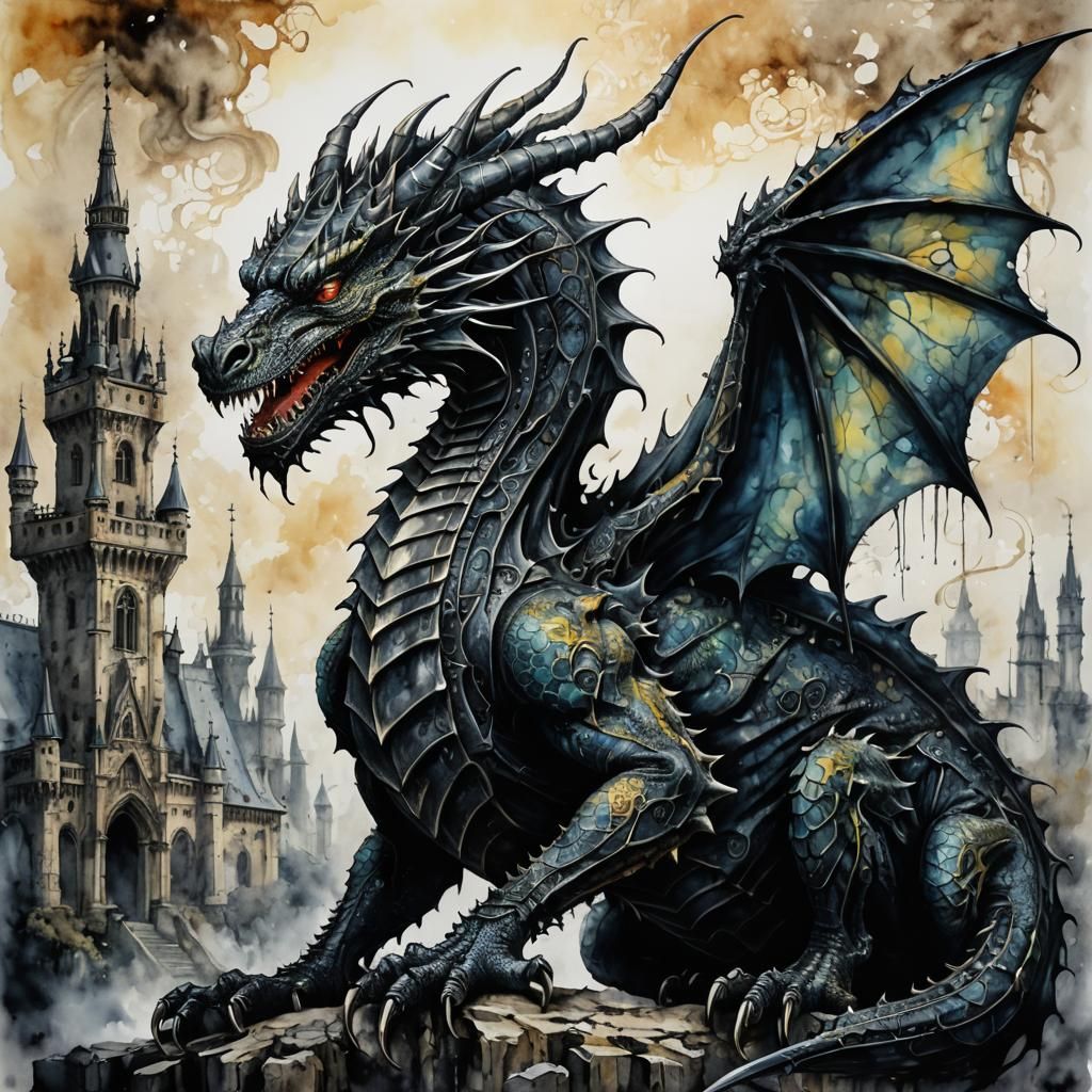 Gothic Dragon in Watercolor Art
