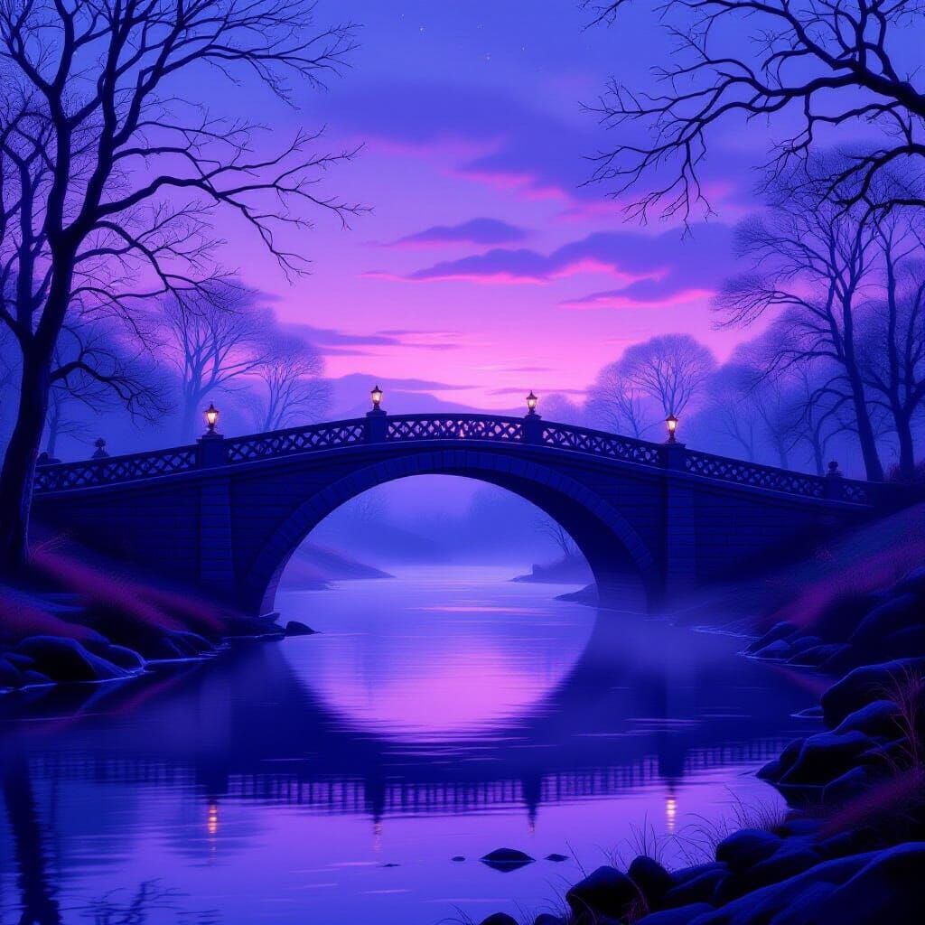 Ethereal Stone Bridge in Purple Autumn Twilight