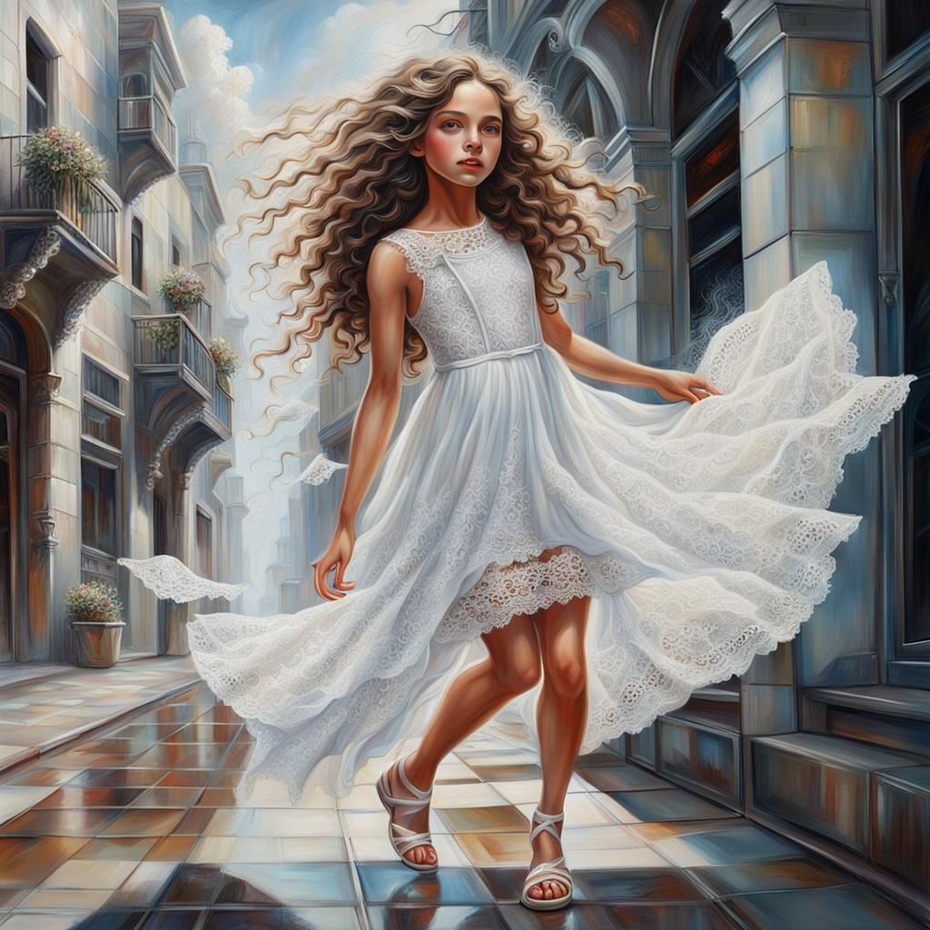Surreal Oil Painting of Girl in Urban Fantasy