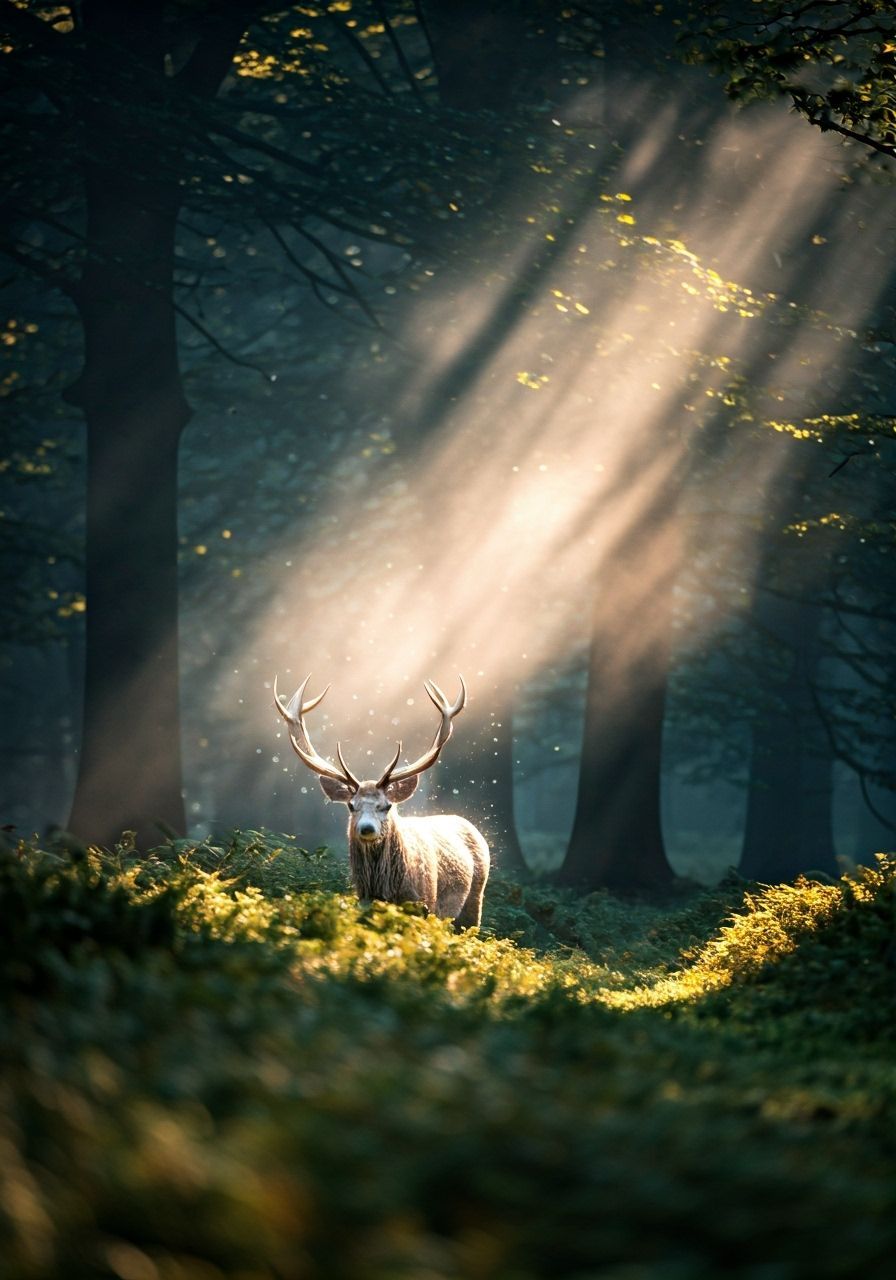 Mystical White Stag Emerges from Dense Fog in Forest