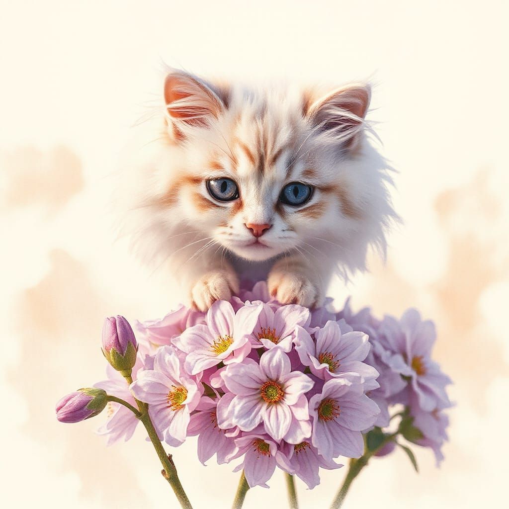 Fluffy Lilac Cat Among Lilac Flowers in Whimsical Style