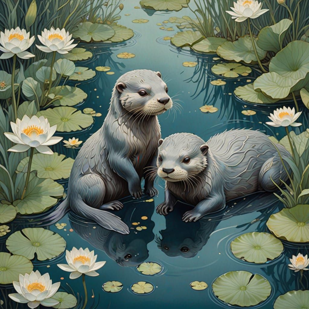 Whimsical Otter Couple in a Dreamy Water Scene