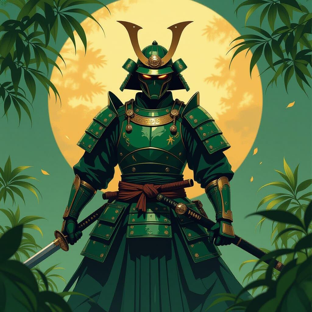 Green Golden Samurai in Retro Film Aesthetic