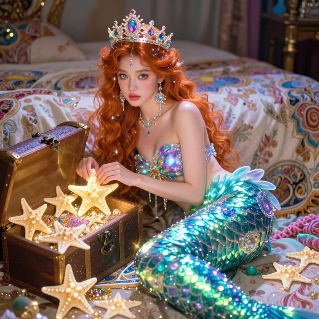 Mermaid Queen with Jeweled Crown and Glowing Sea Stars