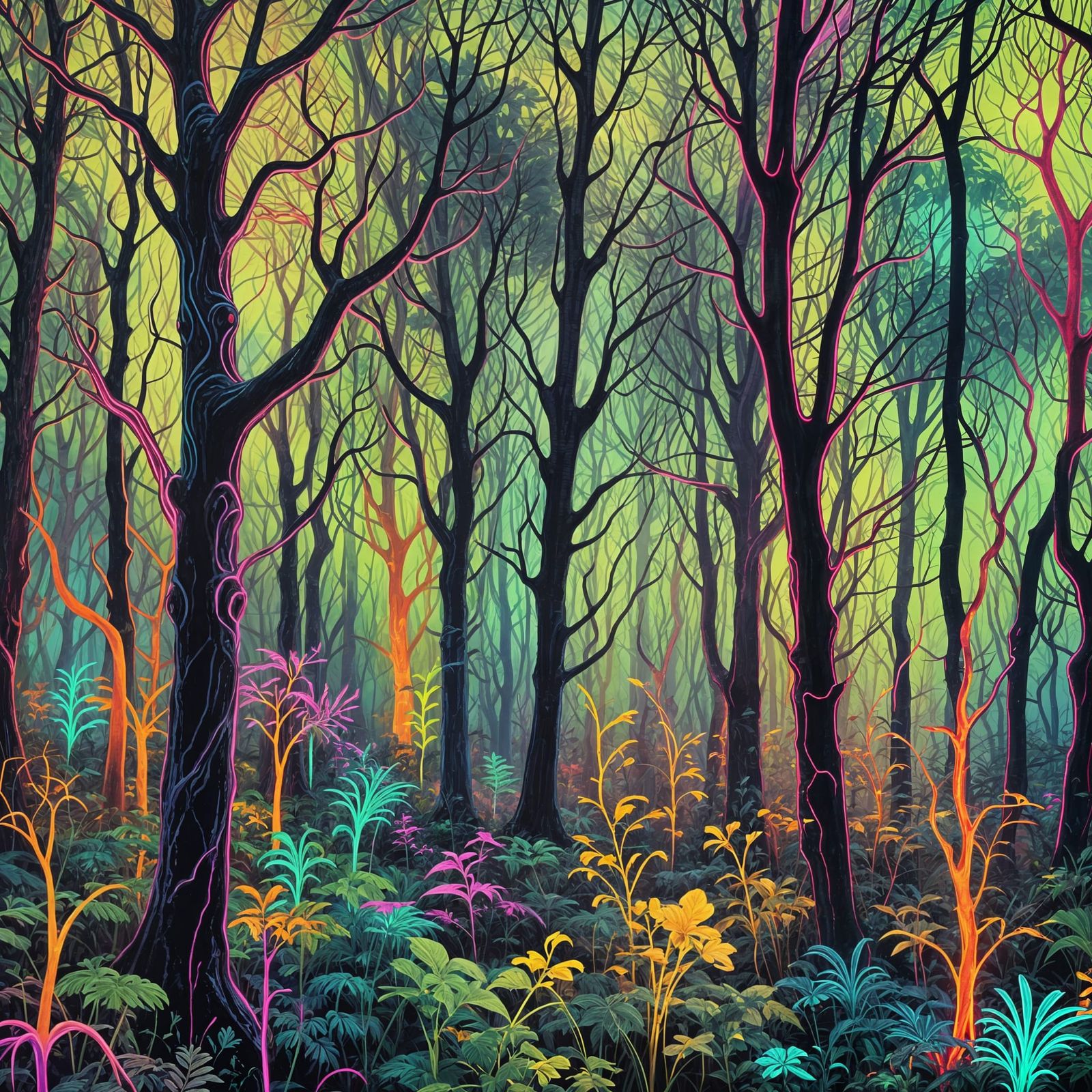 Neon Fantasy Landscape with Abstract Designs