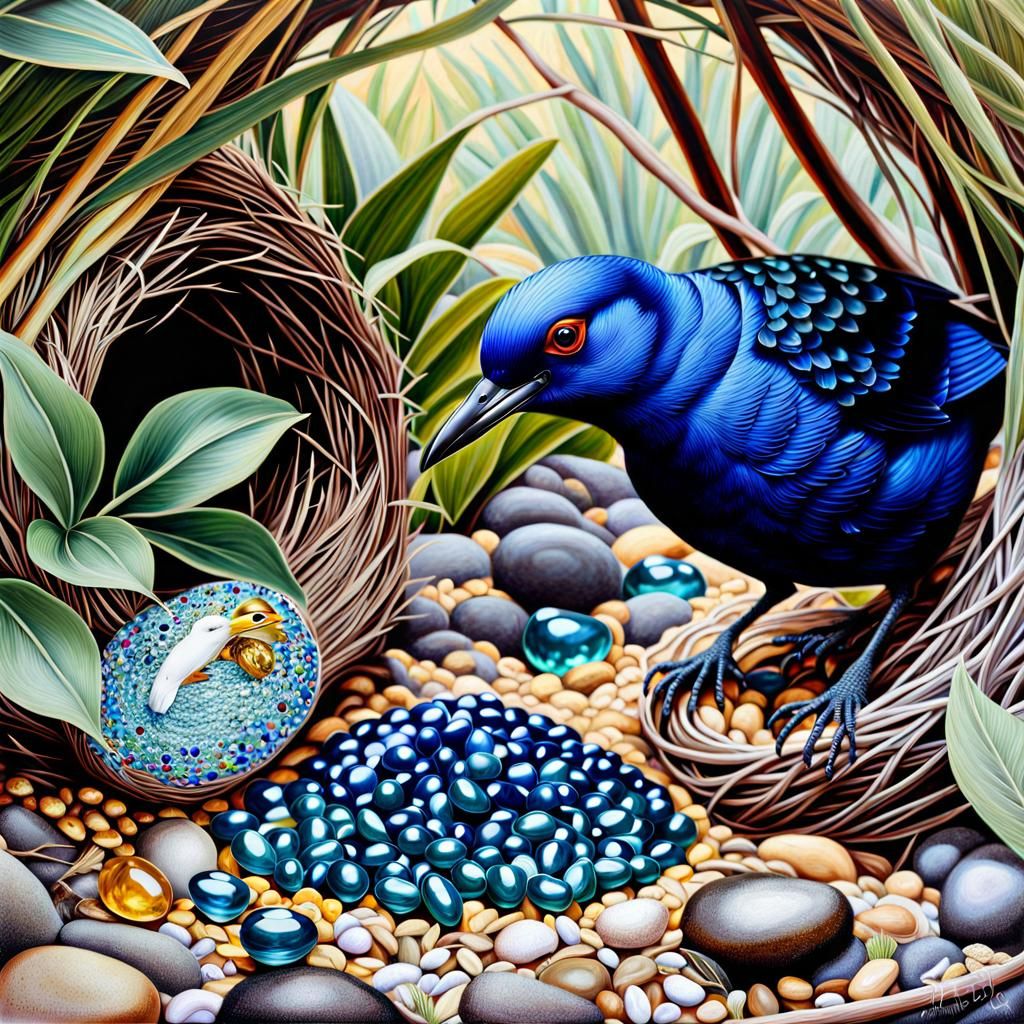 Hyperrealistic Satin Bowerbird Gem Nest on Australian Coast
